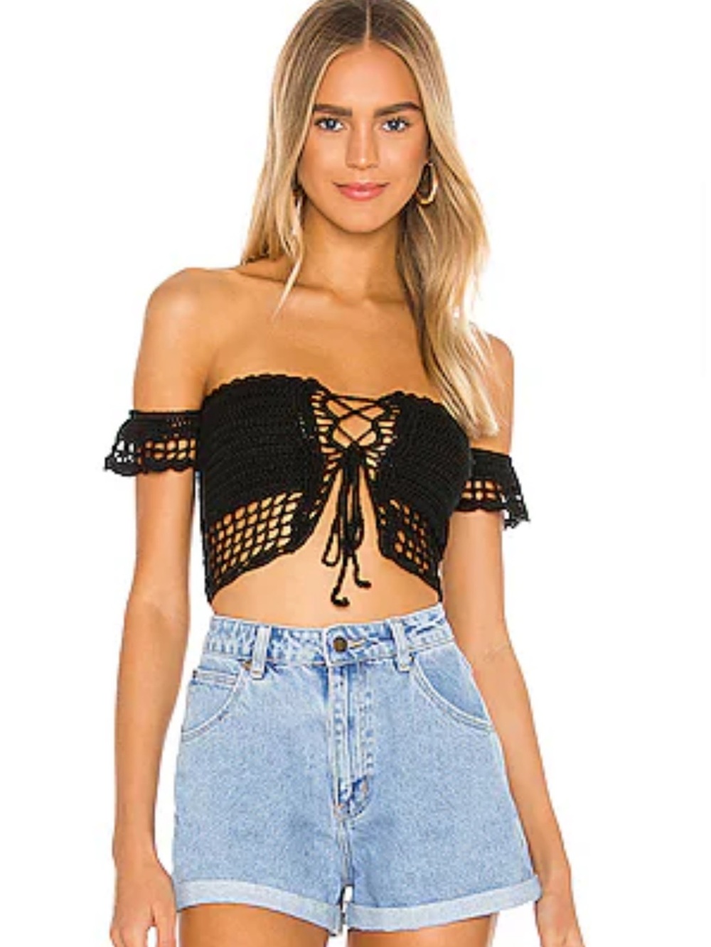Naomi Crochet Crop Top Off-Shoulder Black Crochet Tie-Front Crop Top